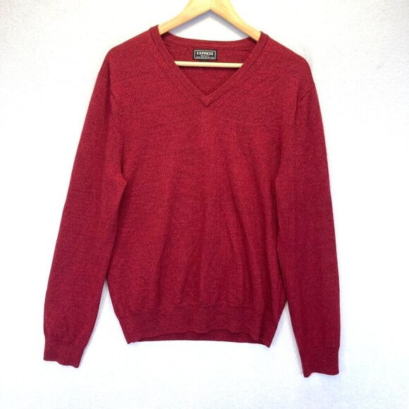 Express 100% Merino Wool Holiday Sweater Mens Size Medium Modern Fit Red V-Neck - Picture 1 of 10